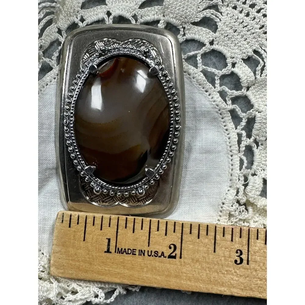 Belt Buckle Oval Brown Agate Silver Tone Western